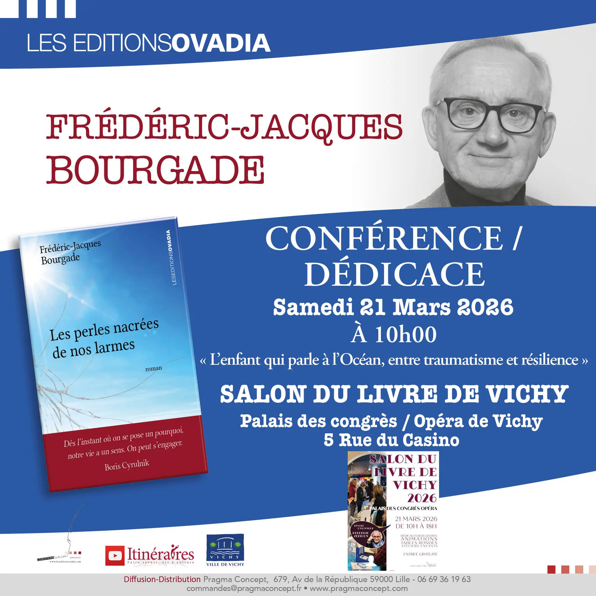 J'aurai le plaisir d'ouvrir le prochain Salon du livre de Vichy lors d'une conférence. RDV à 10h
L'enfant qui parles à l'Océan, entre traumatisme et résilience. On parlera de la violence intrafamiliale, de la violence faite aux femmes et aux enfants, du viol et de ses conséquences, de l'abandon et de l'adoption, de notre quête d'identité mais aussi de l'après de nos traumatismes. Peut on se relever après avoir vécu parfois l'horreur ? Tout est-il écrit d'avance ? Nous vivons dans un monde complexe et anxiogène. Quel avenir pour nous et nos jeunes ? Le monde est-il aussi noir qu'on nous le présente ?
Bienvenue à toutes et tous